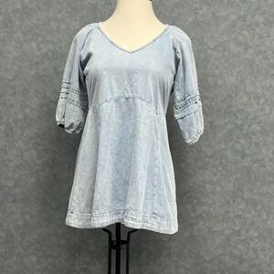 Umgee Denim Tunic Dress Babydoll Style V Neck Casual Light Wash Size L‎